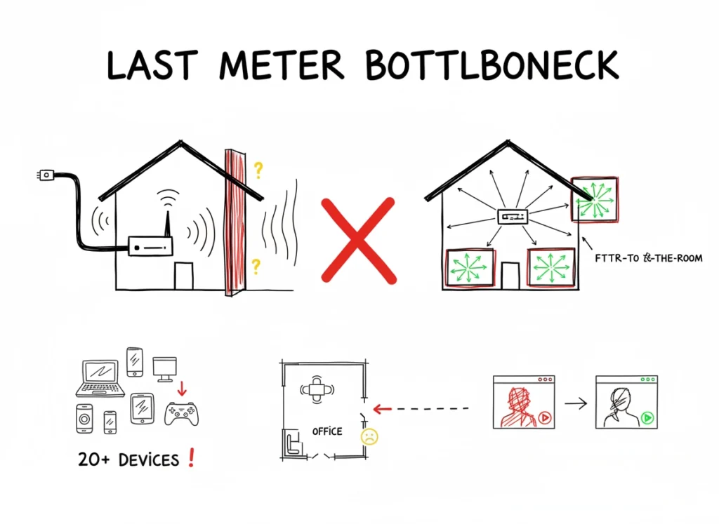 What Is FTTR Really Solving for You? Fiber to the Room (FTTR) is not just a fancy router upgrade. It is an architectural shift. Instead of relying on radio waves (Wi-Fi) to push data through walls, FTTR extends the actual optical fiber cables into each key room or area.