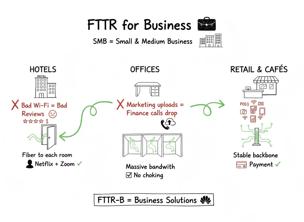 While marketing often features families on iPads, the technology is explicitly positioned for the SMB (Small and Medium Business) sector. In fact, industry giants like Huawei have launched specific FTTR-B (Business) solutions tailored for commercial needs