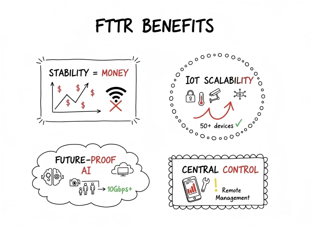 Stability is Money: It reduces random disconnections. In a business, downtime isn't just annoying; it costs revenue. IoT Scalability: As you add smart locks, connected thermostats, and IP security cameras, your network gets crowded. Fiber handles high device counts (concurrency) much better than copper or wireless mesh.