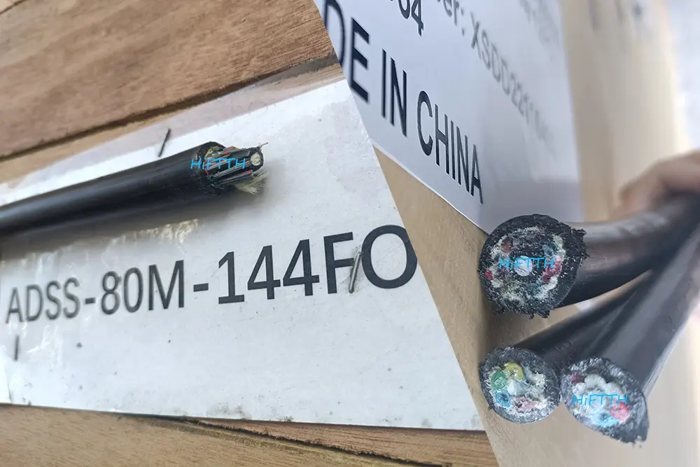 HiFTTH 144 core ADSS fiber optic cable cross-section showing 80m span strength members.