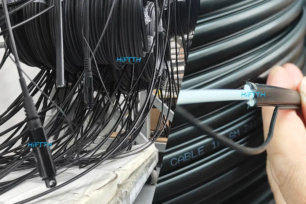 HiFTTH pre-terminated fiber optic drop cable with fast connectors and reinforced strength member.